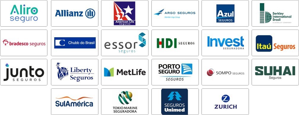 aliro, allianz, american life, argo – protector, azul, berkley, bradesco, chubb, essor, hdi, invest, itaú, junto, liberty, met life, porto seguro, sompo, suhai, sul américa, tokio marine, unimed, zurich